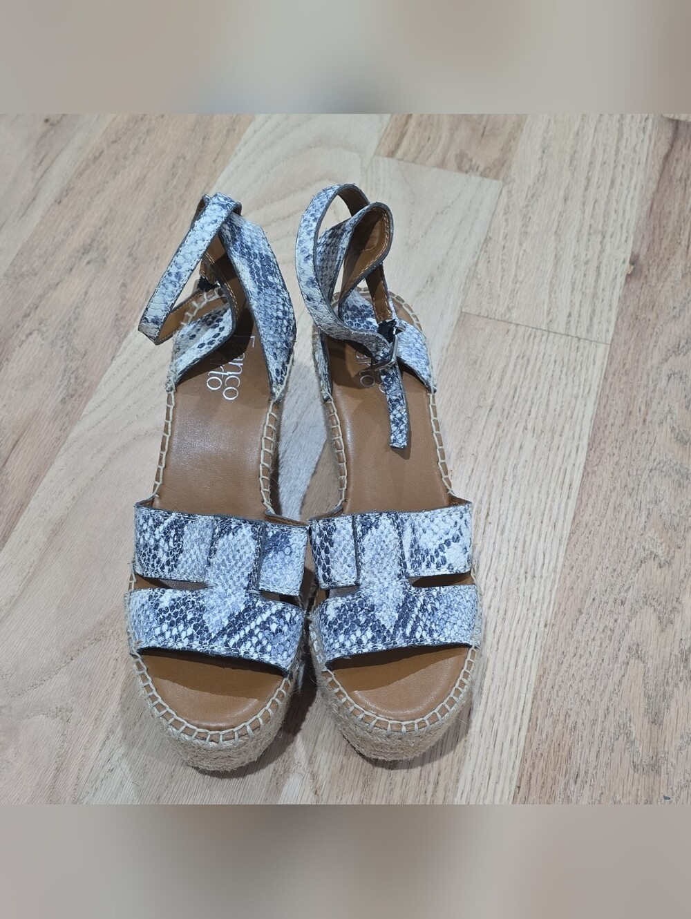 Franco Sarto Snake Animal Print Leather Ankle Strap Wedge Sandals Women's 8 39